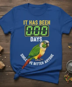 It Has Been 000 Days Since I've Bitten Anyone parrot t-shirt design with a green and red conure bird graphic