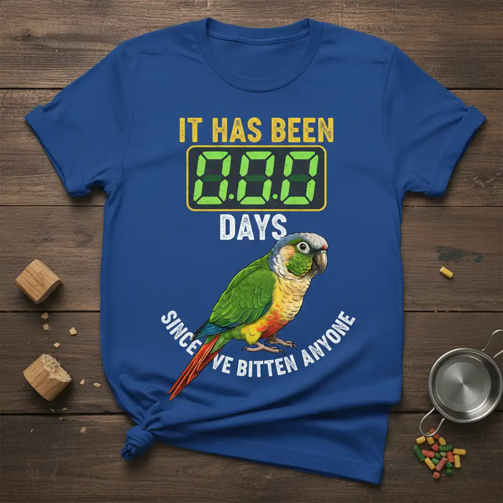 It Has Been 000 Days Since I've Bitten Anyone humorous parrot t-shirt with digital counter and conure illustration