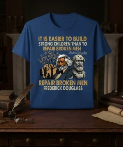 Frederick Douglass quote "It Is Easier To Build Strong Children Than To Repair Broken Men" on a blue t-shirt with