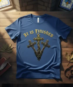 Christian t-shirt with "It Is Finished" text above a triple cross design in gold and brown tones