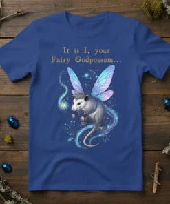 It is I, your Fairy Godpossum... text above a fairy opossum graphic with wings and a magic wand