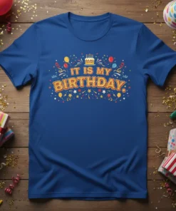 It Is My Birthday text design with cake and balloons on a blue t-shirt