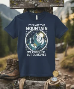 T-shirt with the quote "IT IS NOT THE MOUNTAIN WE CONQUER, BUT OURSLVES" above and below a circular mountain landscape