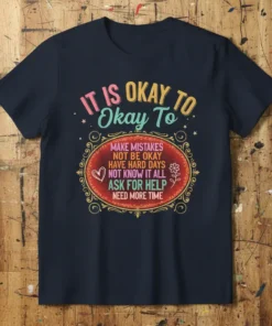 T-shirt with colorful text "IT IS OKAY TO Okay To MAKE MISTAKES NOT BE OKAY HAVE HARD DAYS NOT KNOW
