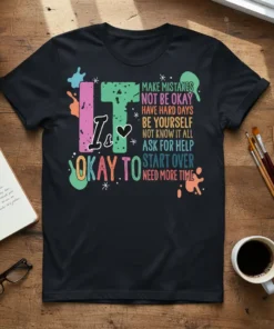 T-shirt with colorful text: "IT IS OKAY TO MAKE MISTAKES NOT BE OKAY HAVE HARD DAYS BE YOURSELF NOT KNOW