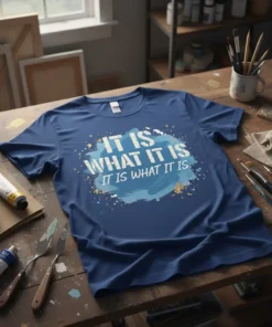 Navy blue t-shirt with white text "IT IS WHAT IT IS. IT IS WHAT IT IS." in bold font, surrounded