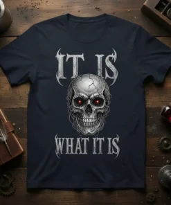 It Is What It Is t-shirt design featuring a cracked skull with red glowing eyes and gothic lettering
