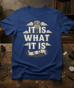 Steampunk t-shirt design with the quote "IT IS WHAT IT IS" in distressed vintage lettering, featuring a hot air balloon