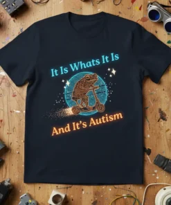 It Is Whats It Is And It's Autism t-shirt with a frog riding a scooter design in neon blue and
