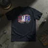 IT MFA text design with American flag and gears on a navy t-shirt, representing skilled trades and patriotism