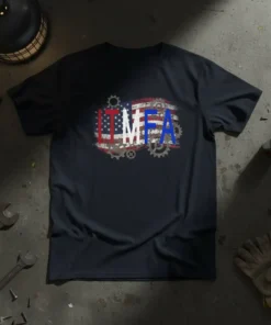 IT MFA text design with American flag and gears on a navy t-shirt, representing skilled trades and patriotism
