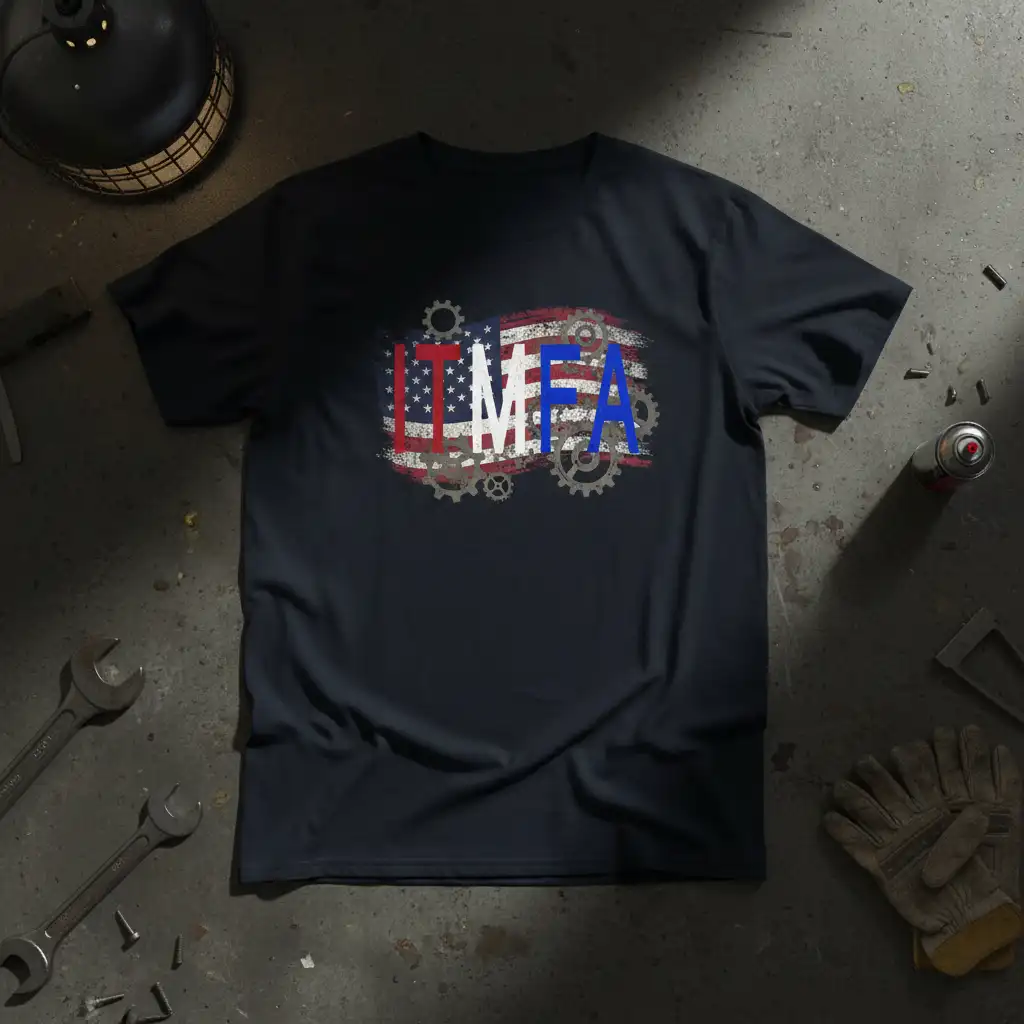 IT MFA text with American flag and gears graphic on a dark t-shirt, ideal for mechanics and trades