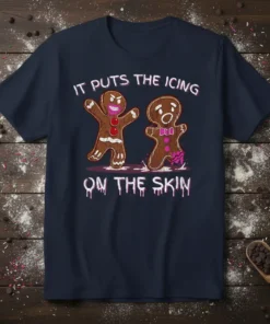 Gingerbread man t-shirt with text "IT PUTS THE ICING ON THE SKIN" in a creepy font and spooky gingerbread characters