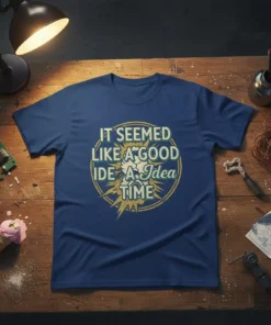 IT SEEMED LIKE A GOOD IDEA AT THE TIME quote on a navy blue t-shirt, vintage distressed style graphic