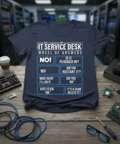 Navy blue t-shirt with "IT Service Desk Wheel of Answers" design featuring troubleshooting questions like "Is it plugged in?" and