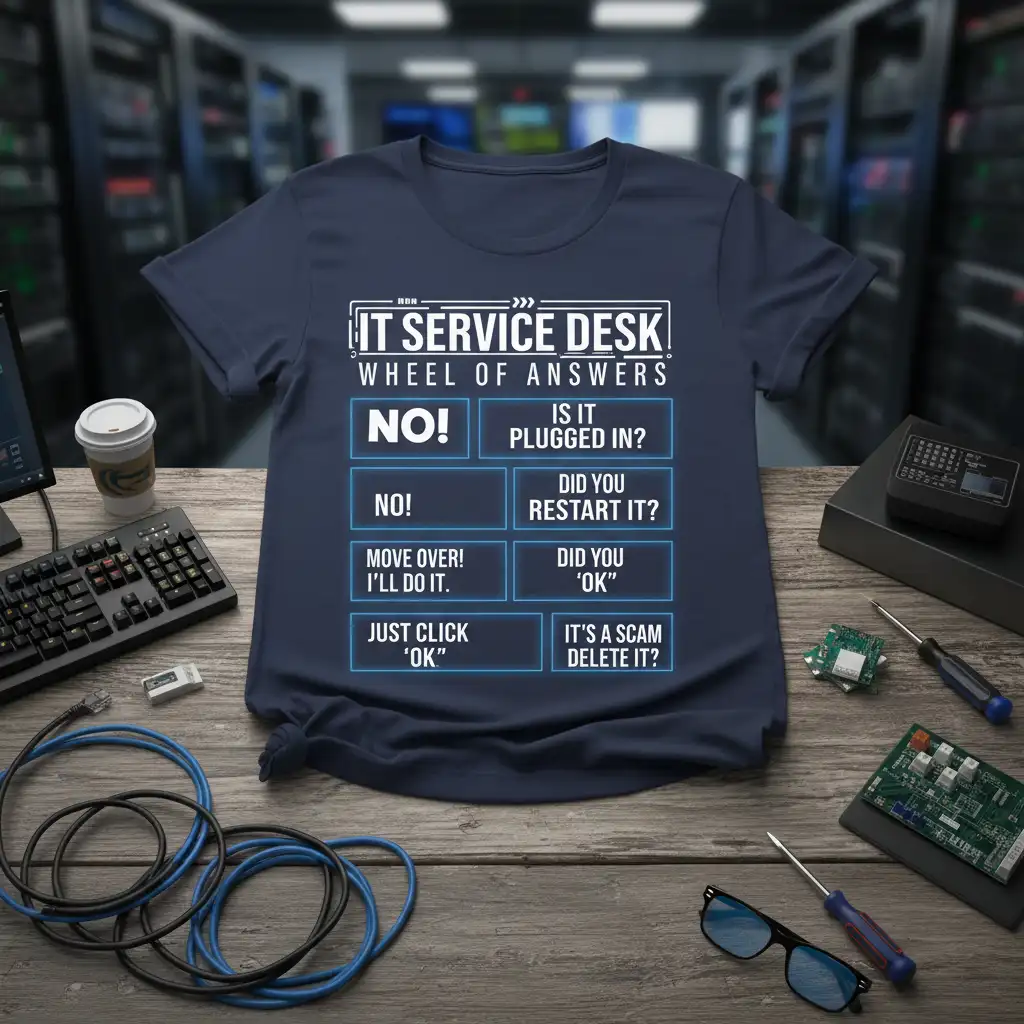 IT Service Desk Wheel of Answers graphic t-shirt with common tech support troubleshooting questions and answers