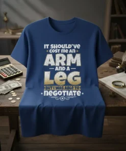 T-shirt with the quote "IT SHOULD'VE COST ME AN ARM AND A LEG BUT I WAS ABLE TO NEGOTIATE" in