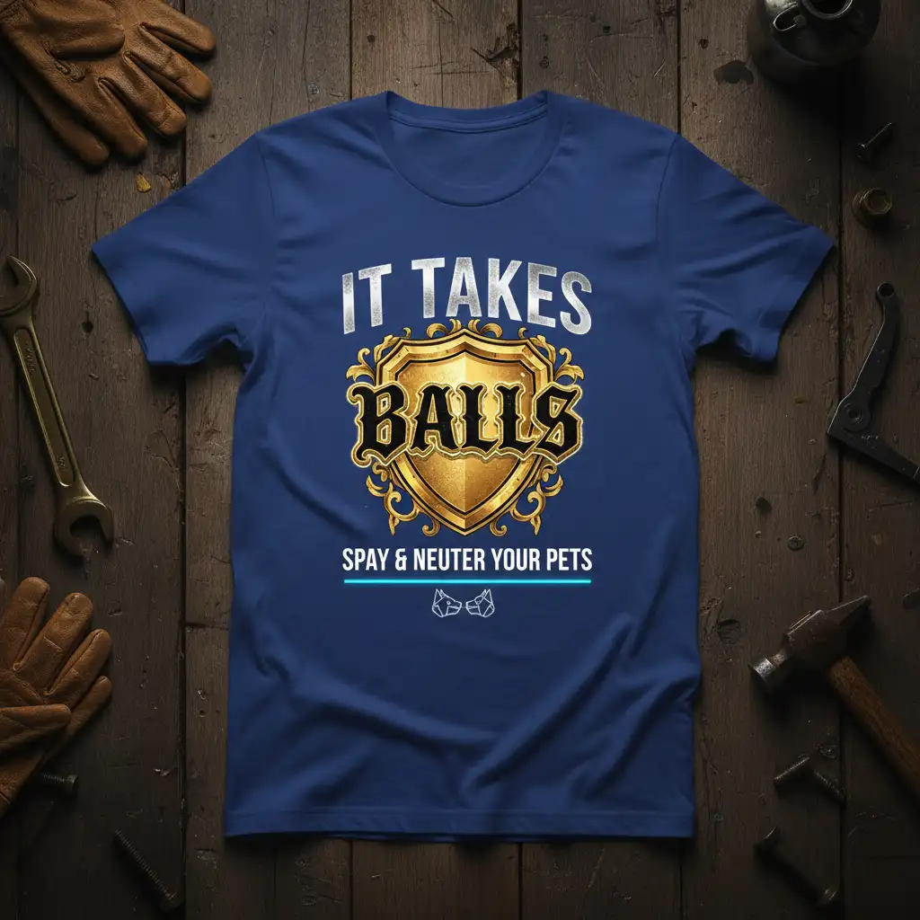 It Takes Balls Spay & Neuter Your Pets quote on a shield graphic tee