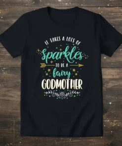 Fairy Godmother quote T-shirt with sparkles, stars, and decorative elements. Features "It Takes A Lots Of Sparkles To Be A