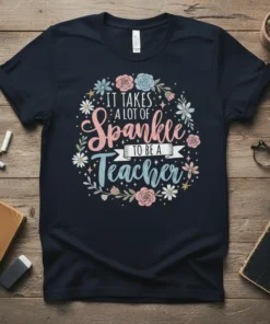 It Takes A Lot Of Sparkle To Be A Teacher quote on a navy t-shirt with floral wreath design