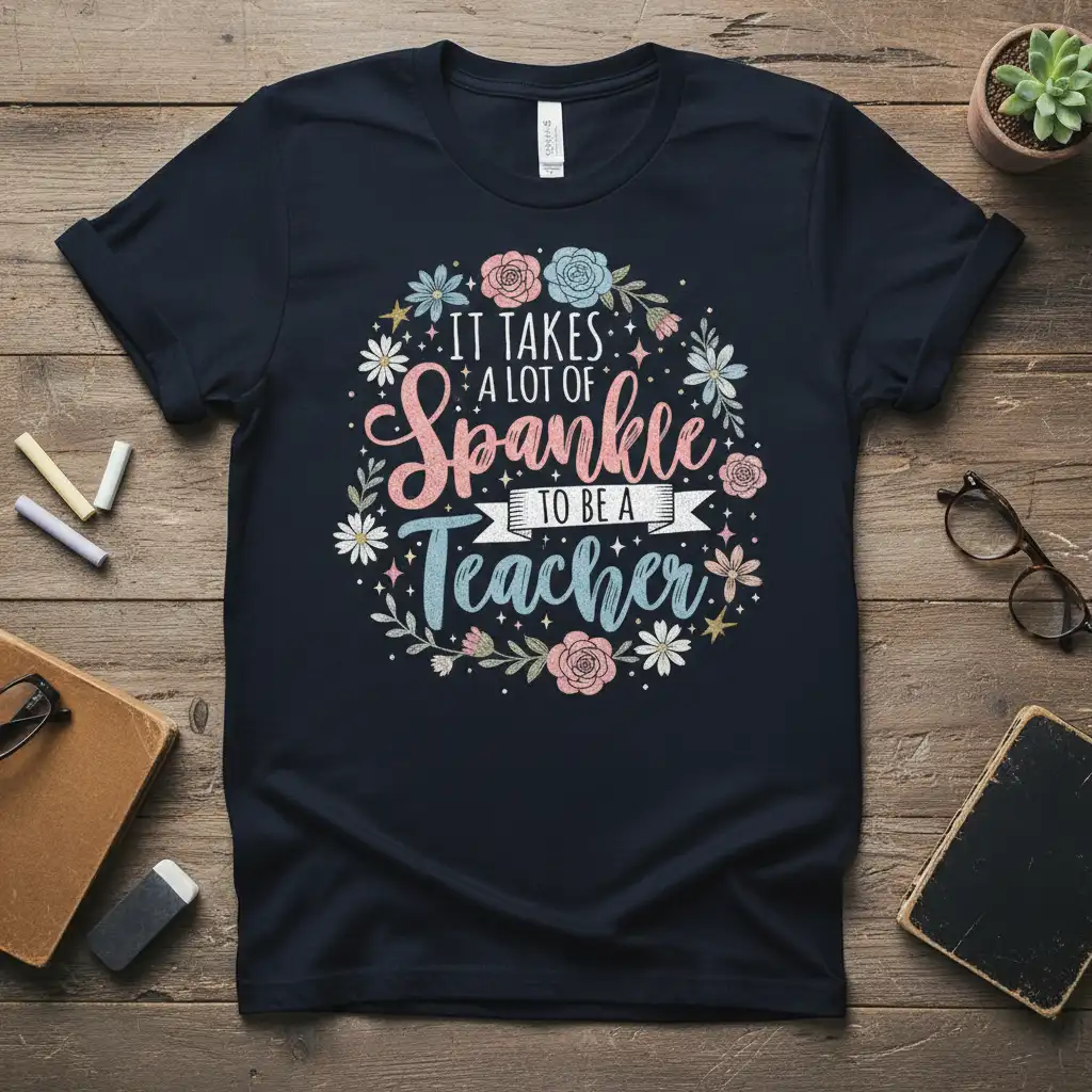 It Takes A Lot Of Sparkle To Be A Teacher quote on a navy tee with floral accents