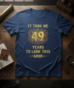 It Took Me 49 Years To Look This Good text with decorative flourishes and the number 49 on a navy
