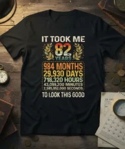 It Took Me 82 Years To Look This Good funny 82nd birthday t-shirt design with detailed time breakdown and vintage