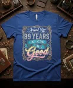 It took ME 89 YEARS TO LOOK THIS Good text in ornate frame on a blue t-shirt, vintage birthday design