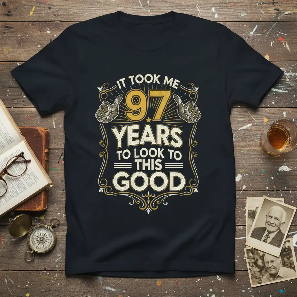 It Took Me 97 Years To Look This Good vintage typography t-shirt design for 97th birthday celebration