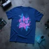 It Was All A Dream neon city graphic t-shirt in vibrant pink and blue, showcasing futuristic skyscrapers