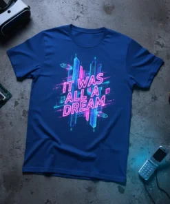It Was All A Dream neon city graphic t-shirt in vibrant pink and blue, showcasing futuristic skyscrapers