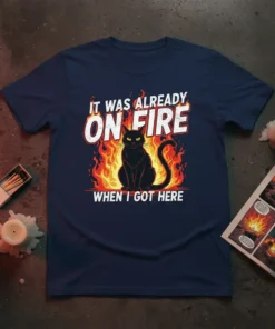 Black cat sitting in flames with text "It Was Already On Fire When I Got Here" on a navy t-shirt