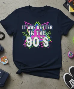 It Was Better In The 90'S retro graphic t-shirt with neon geometric patterns and bold white text