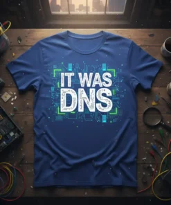 Blue t-shirt with white text "IT WAS DNS" in a circuit board design, for tech humor and IT jokes