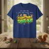 Funny "It Was Me, I Let The Dogs Out" quote on a navy t-shirt with cartoon dogs running