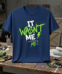 Bold white and neon green text design that reads "IT WASN'T ME!" with paint splatters and lightning bolt graphic