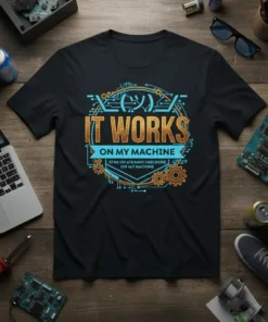 Black t-shirt with "IT WORKS ON MY MACHINE STNE OH ATEN MIT RARCHINE ON MY MACHINE" text in gold and