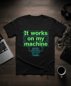 Black t-shirt with neon green text "It works on my machine" and server rack graphic, suitable for tech humor
