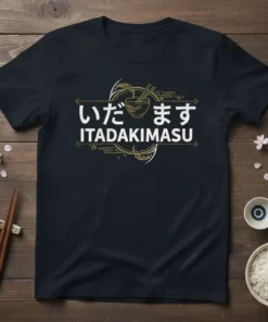 Itadakimasu Japanese Food Quote T-Shirt with Japanese text, rice bowl, and chopsticks graphic
