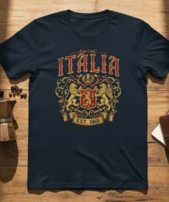 Italia Est. 1861 vintage t-shirt design featuring a red and gold coat of arms with lions and a crown