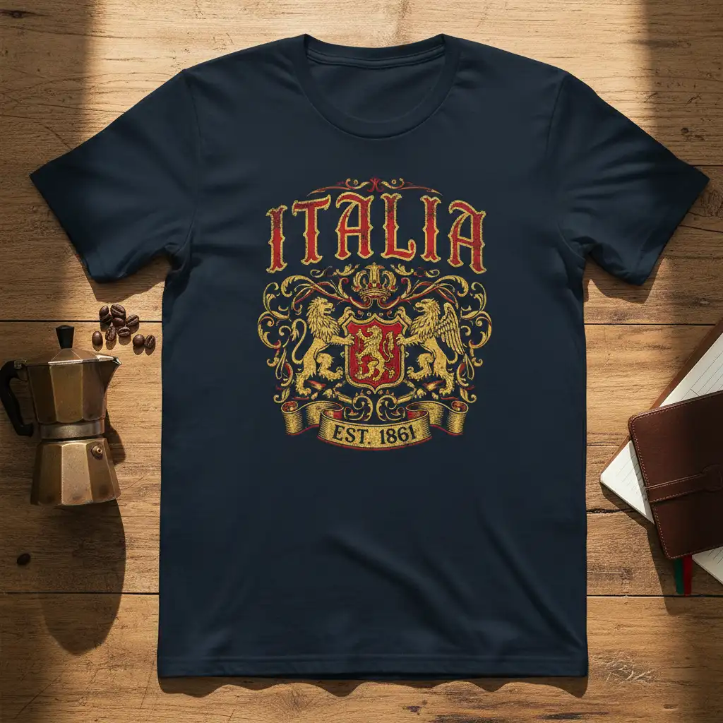 Italia Est. 1861 vintage t-shirt graphic with lions and Italian coat of arms