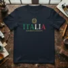 Italia Repubblica Italiana text with Italian flag colors and emblem on a dark t-shirt