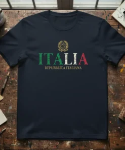 Italia Repubblica Italiana text with Italian flag colors and emblem on a dark t-shirt