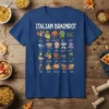 Blue t-shirt with "ITALIAN BRAINROT" title and a grid of 20 funny, illustrated Italian characters with humorous captions below them