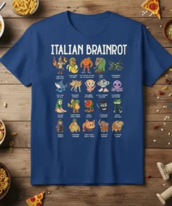 Blue t-shirt with "ITALIAN BRAINROT" title and a grid of 20 funny, illustrated Italian characters with humorous captions below them