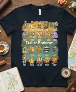 Italian Brainrot T-Shirt featuring a grid of funny cartoon characters with Italian-inspired names and text