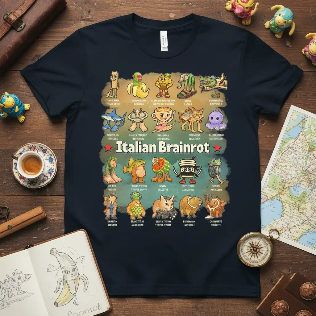 Italian Brainrot T-Shirt design featuring a collage of 20 humorous cartoon characters with Italian-inspired text
