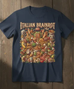 Italian Brainrot T-Shirt featuring a chaotic, humorous collage of Italian foods and characters with the text ITALIAN BRAINROT above