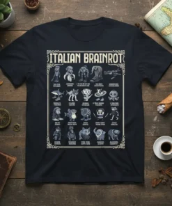 Italian Brainrot T-Shirt featuring a collage of funny Italian-themed characters and phrases in a retro style