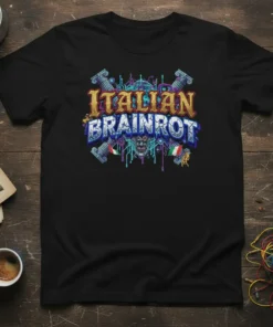ITALIAN BRAINROT text design with Italian flags and classical columns on a black t-shirt